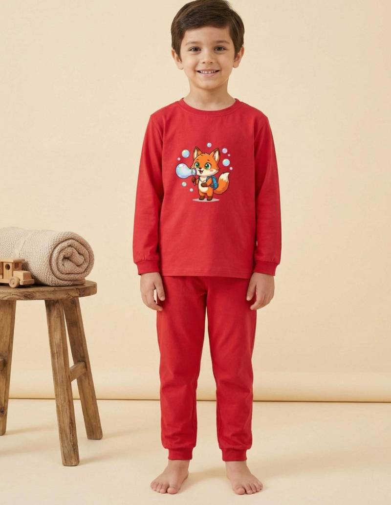 Boys cotton red bubble fox printed nightsuit