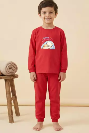 Boys cotton red cuddle buddies printed nightsuit