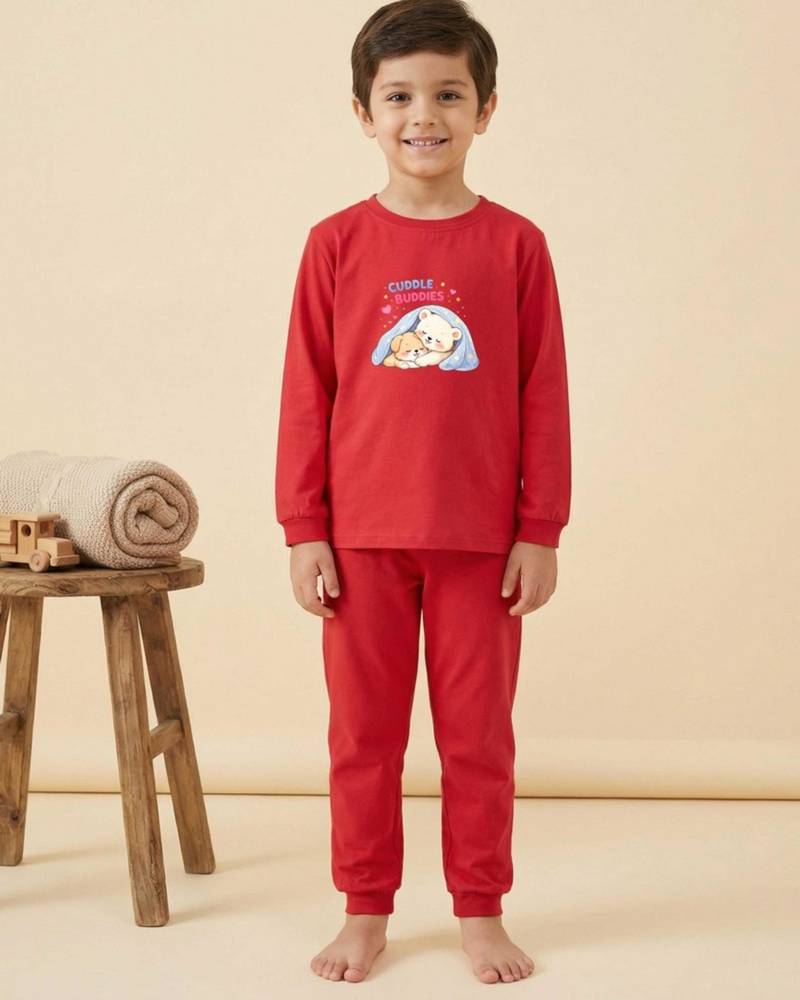 Boys cotton red cuddle buddies printed nightsuit