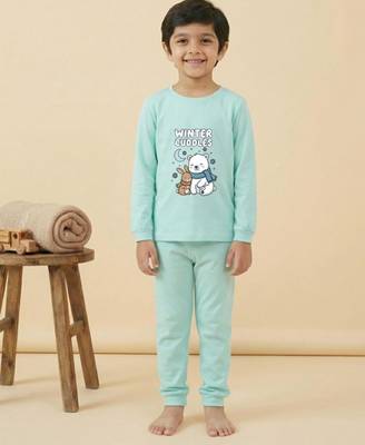 Boys cotton sea green cuddly winter printed nightsuit 1