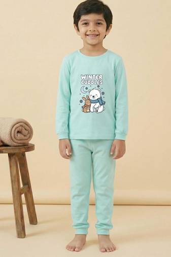Boys cotton sea green cuddly winter printed nightsuit