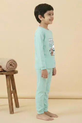 Boys cotton sea green cuddly winter printed nightsuit