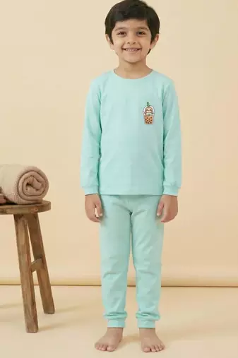 Boys cotton sea green cute sloth boba printed nightsuit