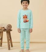 Boys cotton sea green cozy fox printed nightsuit
