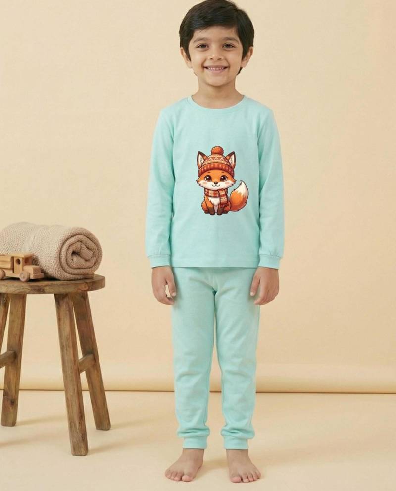 Boys cotton sea green cozy fox printed nightsuit