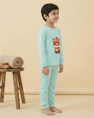 Boys cotton sea green cozy fox printed nightsuit 3