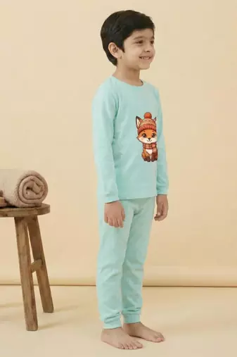 Boys cotton sea green cozy fox printed nightsuit