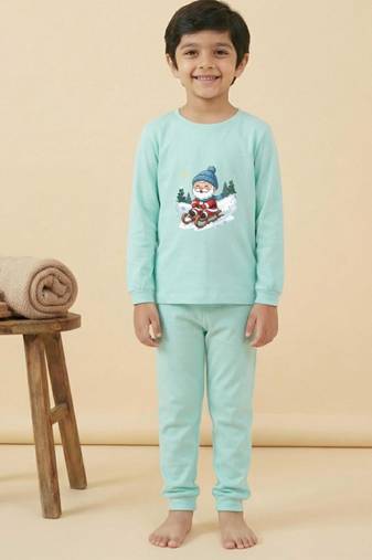 Boys cotton sea green santa fun ride printed nightsuit