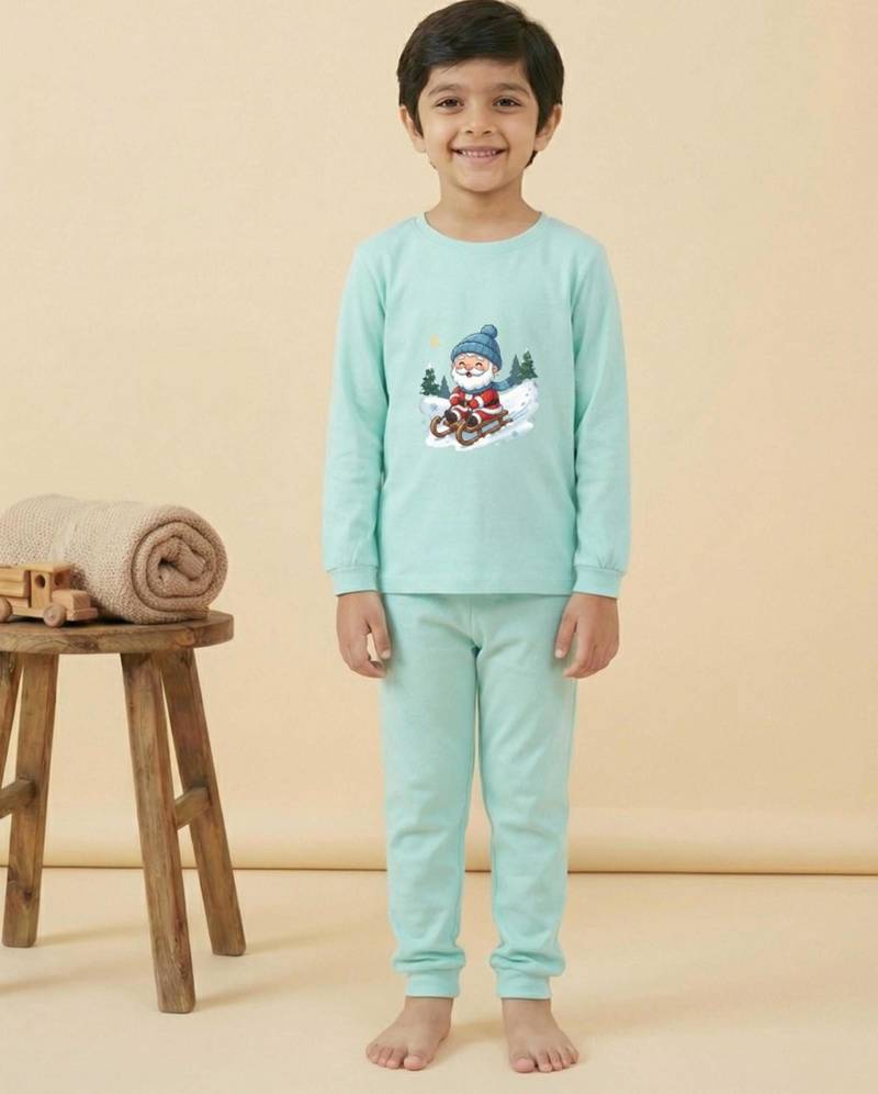 Boys cotton sea green santa fun ride printed nightsuit