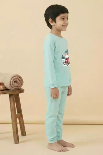 Boys cotton sea green santa fun ride printed nightsuit