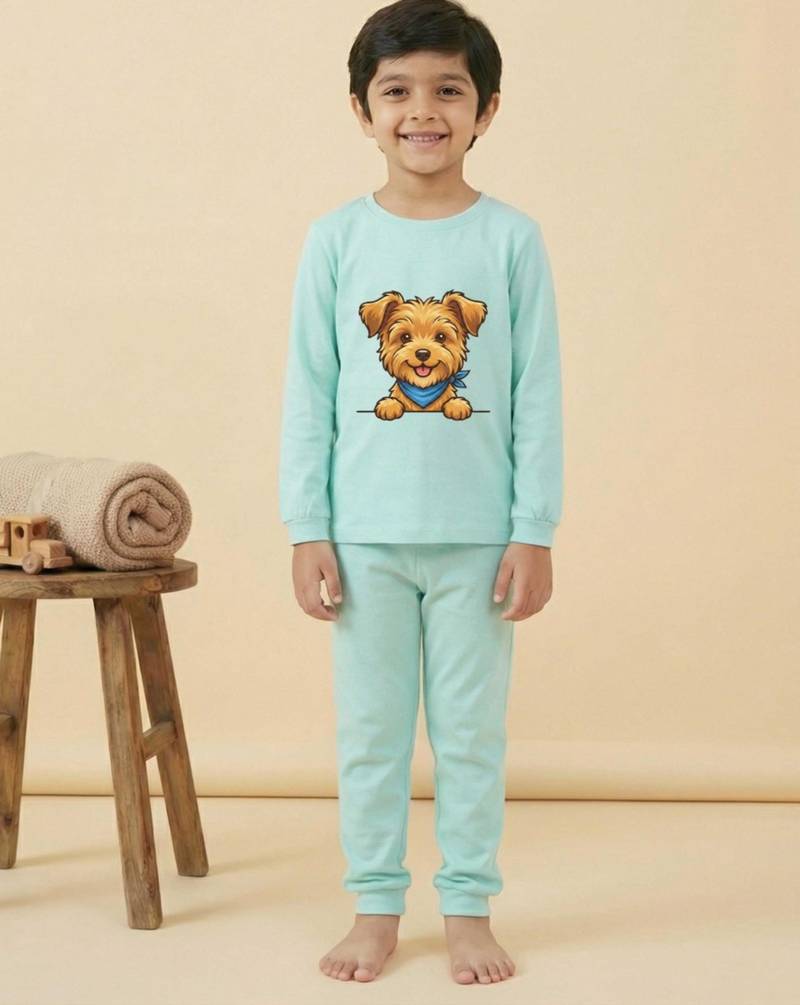 Boys cotton sea green happy puppy printed nightsuit