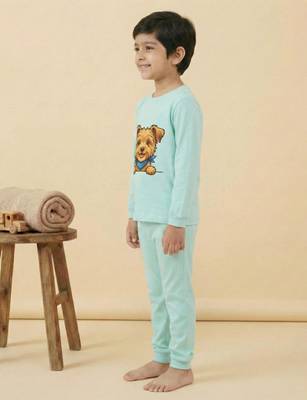 Boys cotton sea green happy puppy printed nightsuit 3