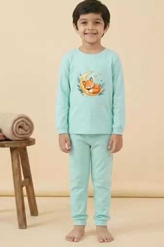 Boys cotton sea green starry night fox printed nightsuit