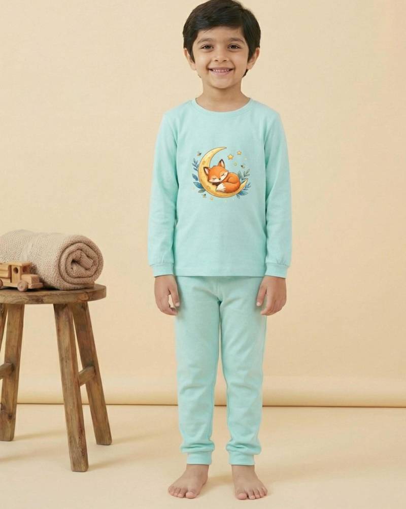 Boys cotton sea green starry night fox printed nightsuit