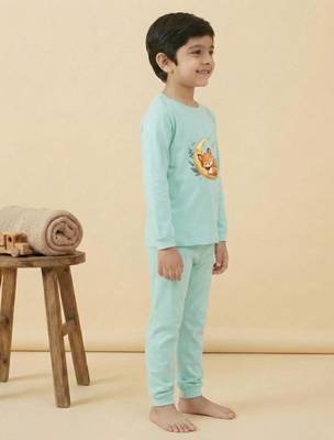 Boys cotton sea green starry night fox printed nightsuit 3