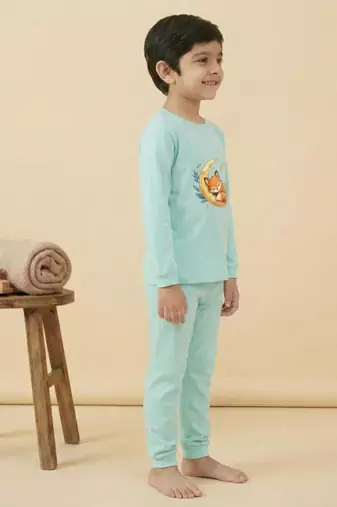 Boys cotton sea green starry night fox printed nightsuit