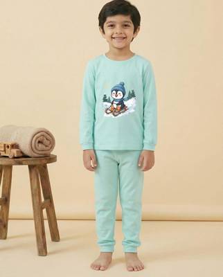 Boys cotton sea green penguin fun ride printed nightsuit 1