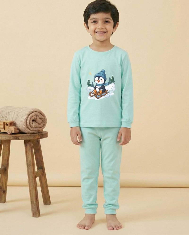 Boys cotton sea green penguin fun ride printed nightsuit