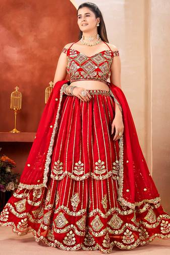 Awesome Red Embroidered Georgette Wedding Wear Lehenga Choli