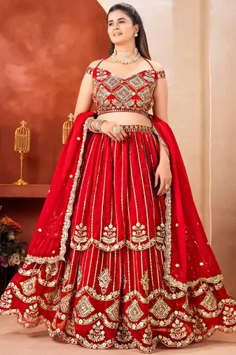 Awesome Red Embroidered Georgette Wedding Wear Lehenga Choli