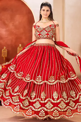 Awesome Red Embroidered Georgette Wedding Wear Lehenga Choli