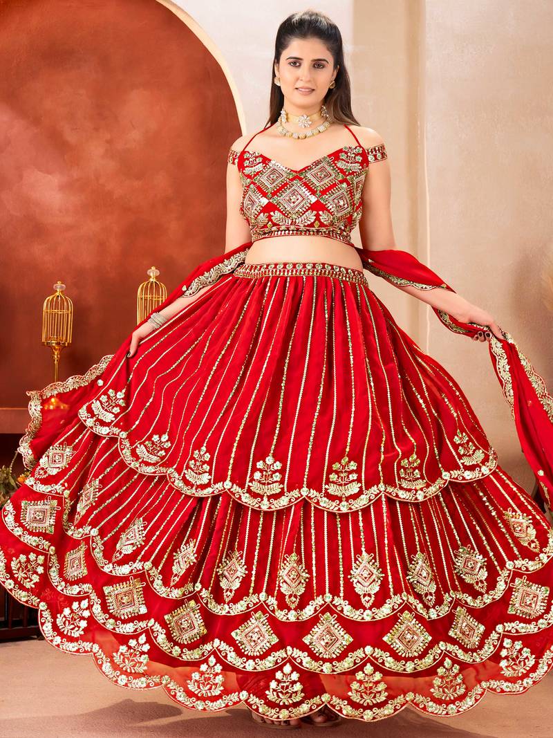 Awesome Red Embroidered Georgette Wedding Wear Lehenga Choli