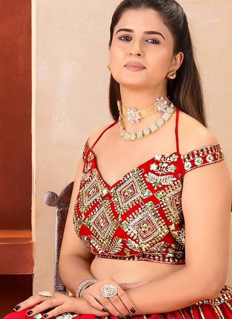 Awesome Red Embroidered Georgette Wedding Wear Lehenga Choli