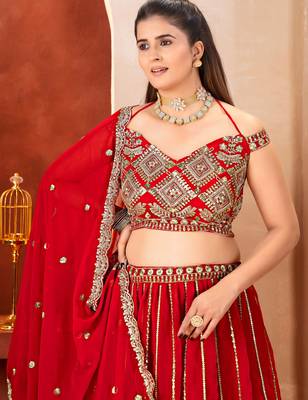 Awesome Red Embroidered Georgette Wedding Wear Lehenga Choli 4