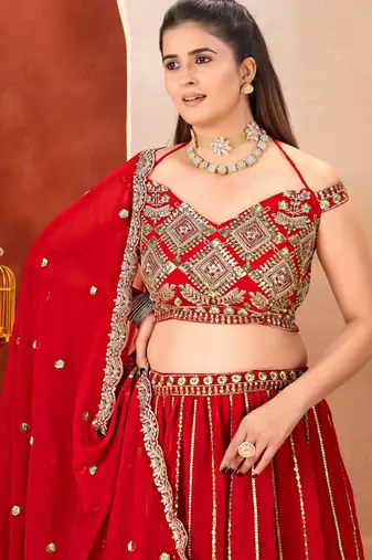 Awesome Red Embroidered Georgette Wedding Wear Lehenga Choli