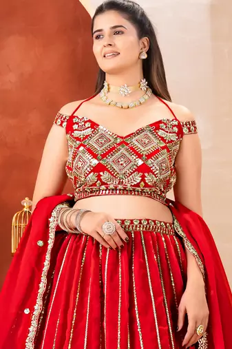 Awesome Red Embroidered Georgette Wedding Wear Lehenga Choli