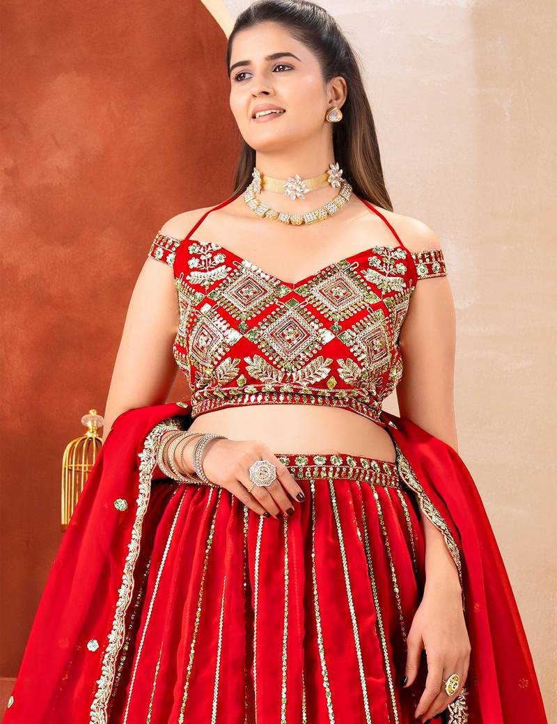 Awesome Red Embroidered Georgette Wedding Wear Lehenga Choli
