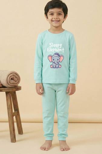 Boys cotton sea green sleepy baby elephant printed nightsuit