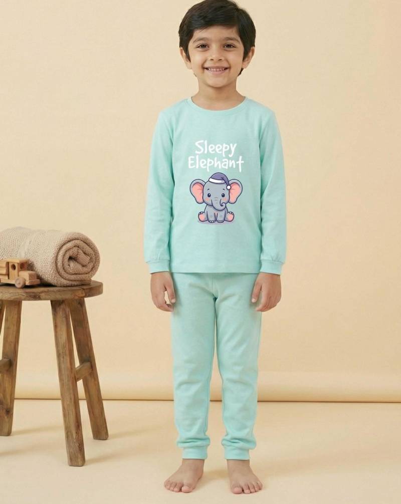 Boys cotton sea green sleepy baby elephant printed nightsuit
