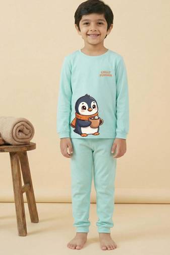 Boys cotton sea green chilly penguin printed nightsuit