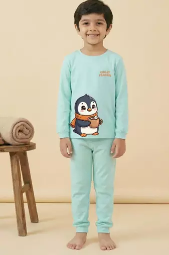 Boys cotton sea green chilly penguin printed nightsuit