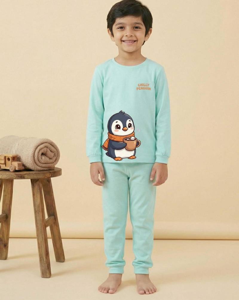 Boys cotton sea green chilly penguin printed nightsuit