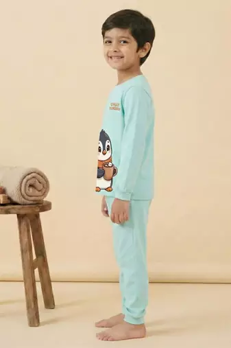 Boys cotton sea green chilly penguin printed nightsuit