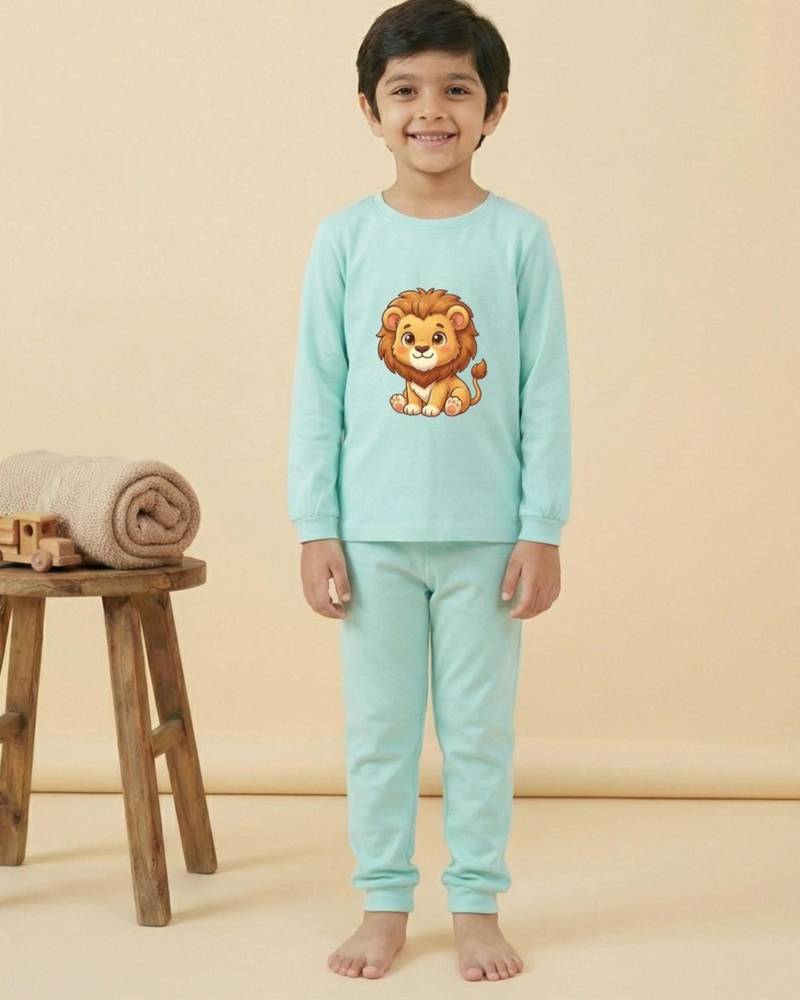 Boys cotton sea green kawaii baby lion printed nightsuit