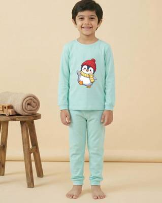 Boys cotton sea green waving penguin printed nightsuit 1