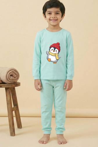 Boys cotton sea green waving penguin printed nightsuit
