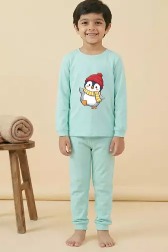 Boys cotton sea green waving penguin printed nightsuit