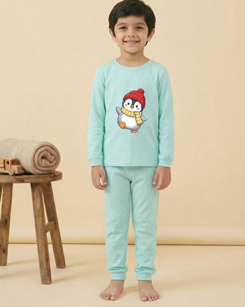 Boys cotton sea green waving penguin printed nightsuit