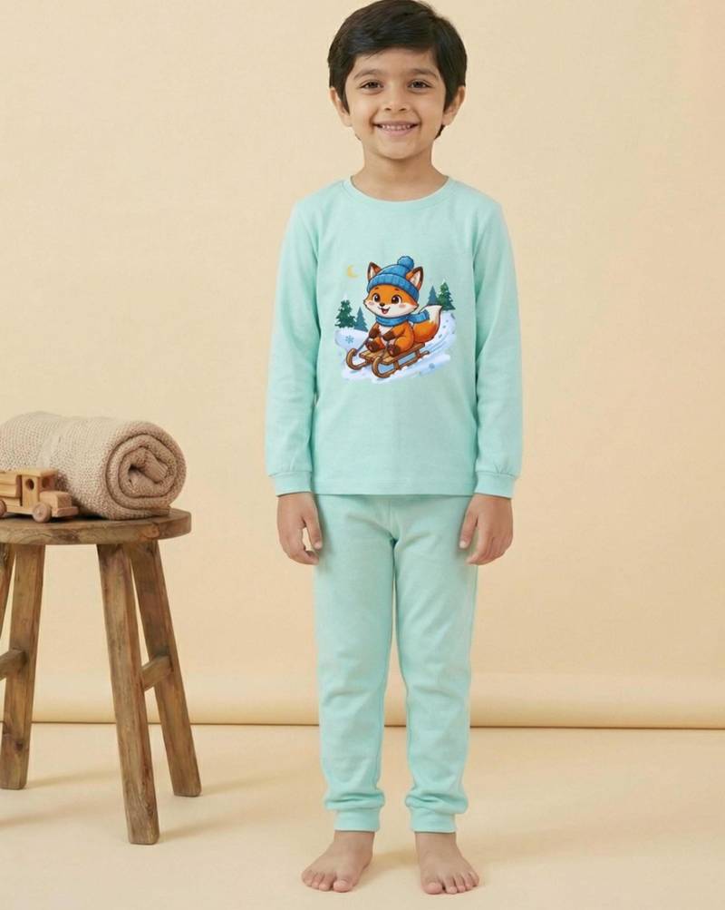Boys cotton sea green foxy fun ride printed nightsuit