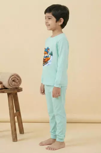 Boys cotton sea green foxy fun ride printed nightsuit