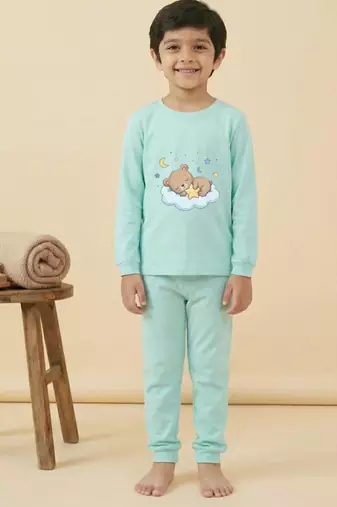 Boys cotton sea green bedtime bear printed nightsuit