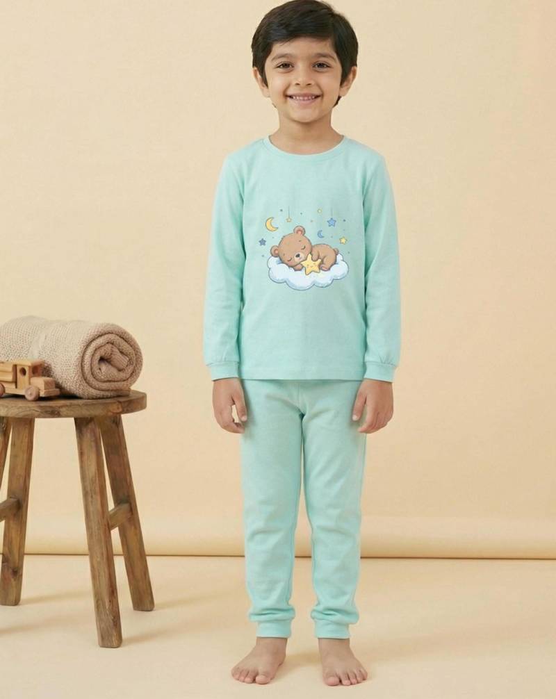 Boys cotton sea green bedtime bear printed nightsuit