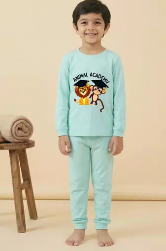 Boys cotton sea green animal academy printed nightsuit