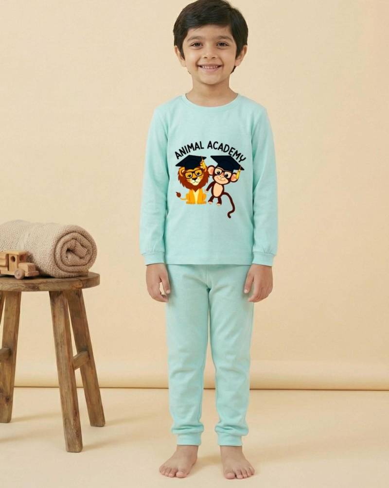 Boys cotton sea green animal academy printed nightsuit