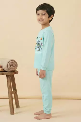 Boys cotton sea green orbit buddies printed nightsuit