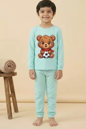 Boys cotton sea green soccer bear printed nightsuit